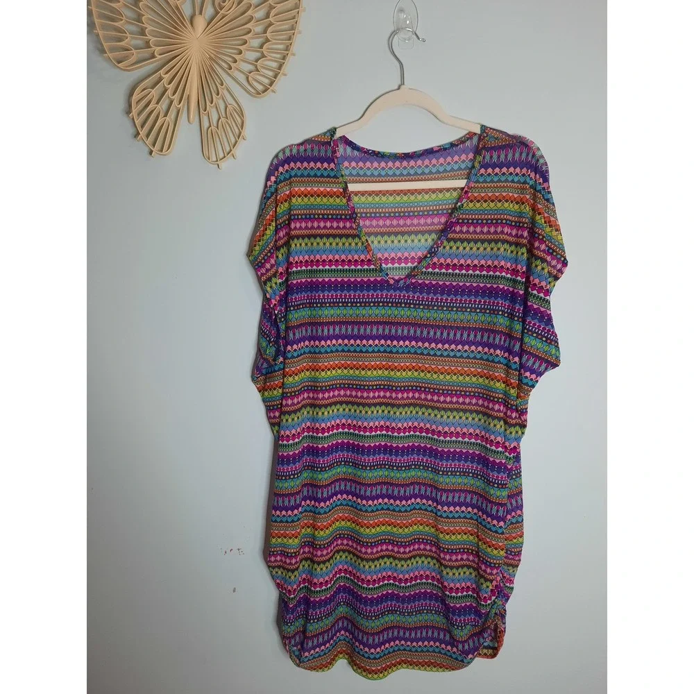 Anne‎ Cole Women Multicolor Geometric Mesh V-Neck Swim Cover-Up Dress Tunic